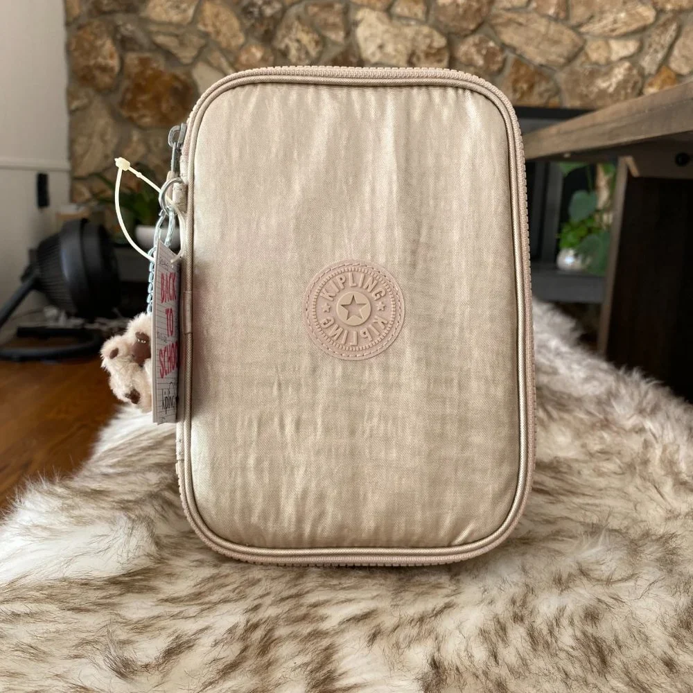 NWT Kipling 100 Pens Printed Case Bag Pouch Sparkly Gold